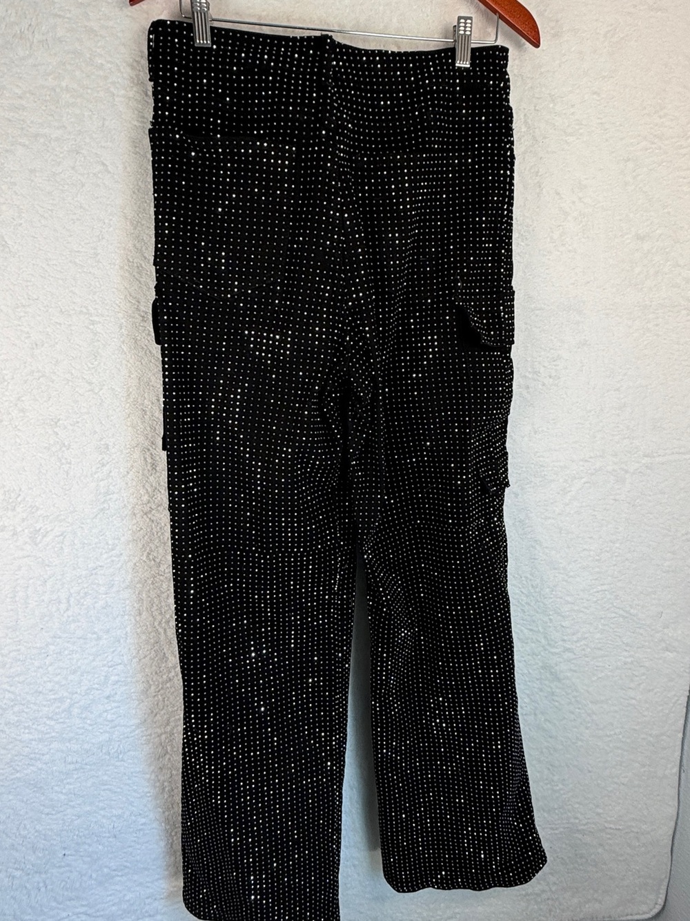 Rhinestone Cargo Pants Black Sparkly Wide Leg Y2K Glam Stretch Size 12 - Picture 9 of 11